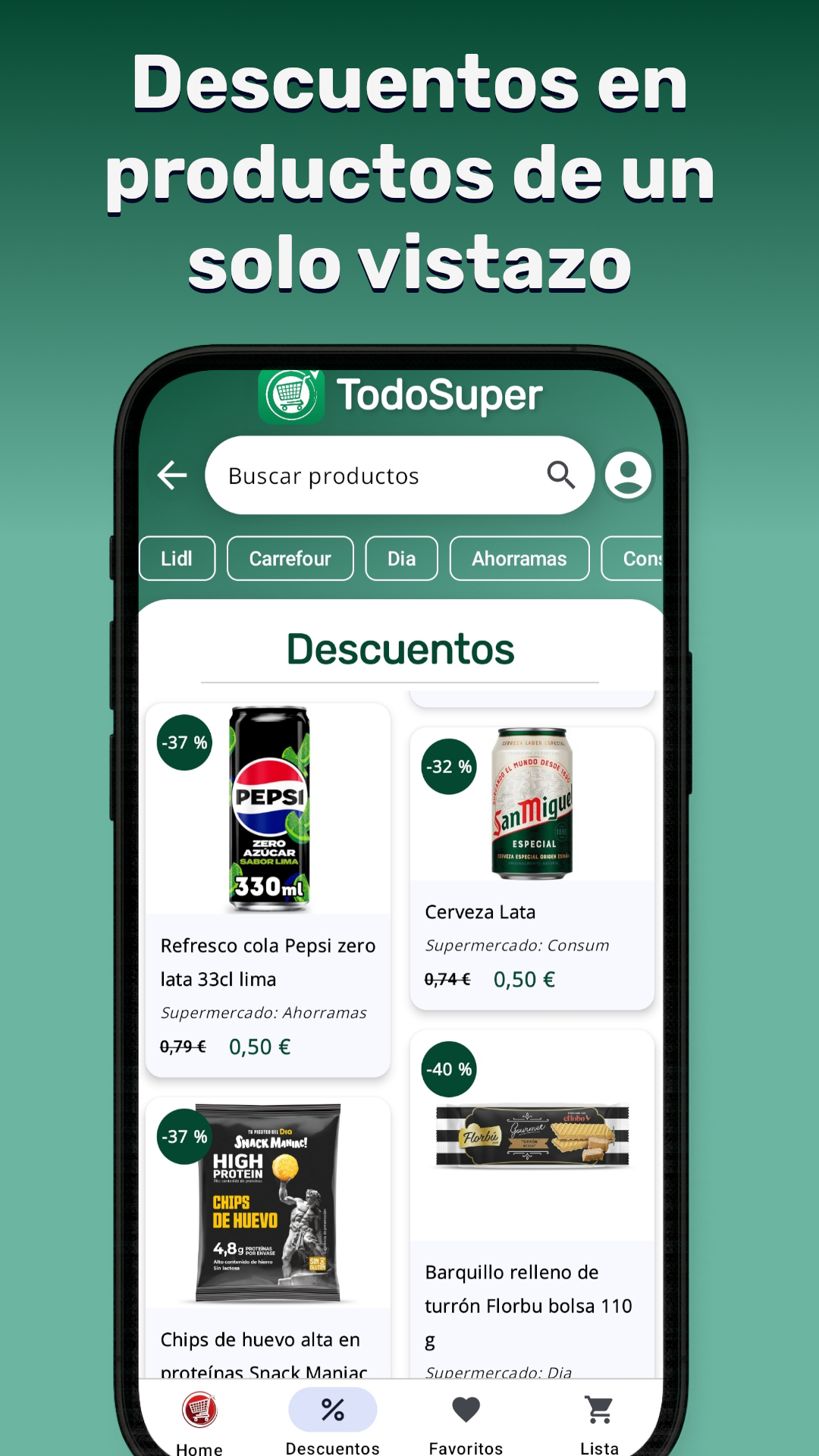 Pantalla de mayores descuentos hoy de TodoSuper con ofertas y rebajas ordenadas por porcentaje en alimentación.