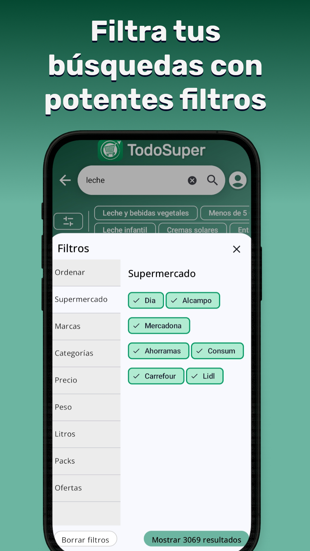 Menú de filtros avanzados en la app TodoSuper para seleccionar supermercados como Mercadona, Carrefour, DIA o Lidl.