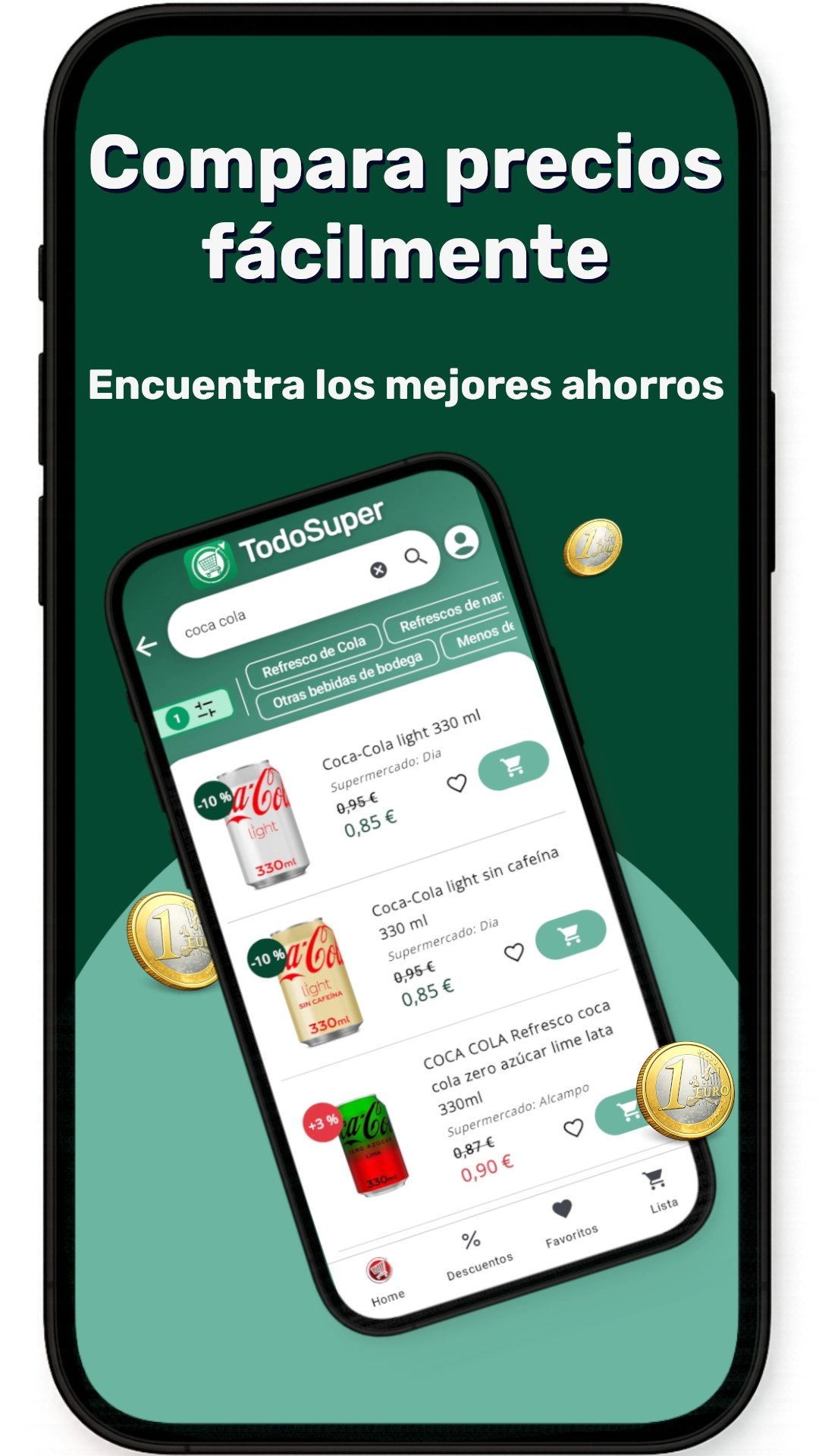 Captura de la aplicación TodoSuper mostrando cómo comparar precios de supermercados y ahorrar en la cesta de la compra.